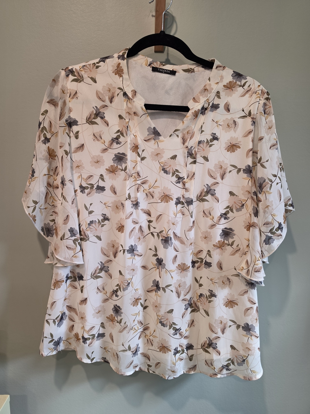 Amazon Floral V-Neck Flutter Sleeve Blouse - Cream with Taupe & Sage